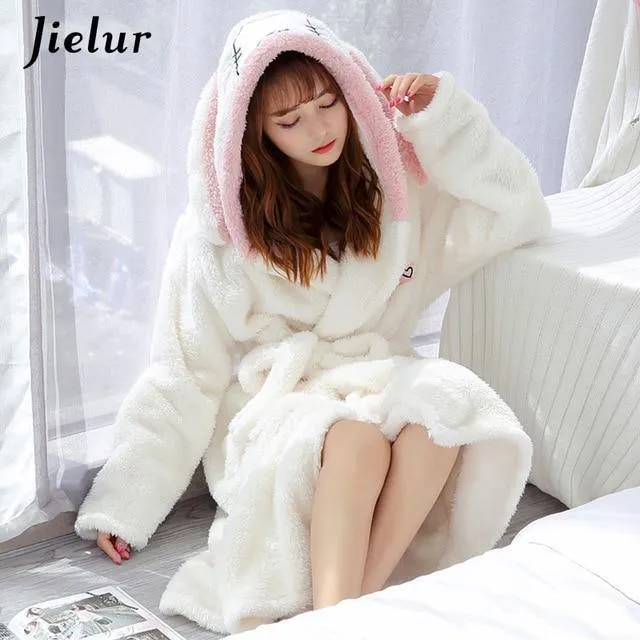 Super Comfortable Coral Velvet Bathrobe Women Warm Hooded Robe