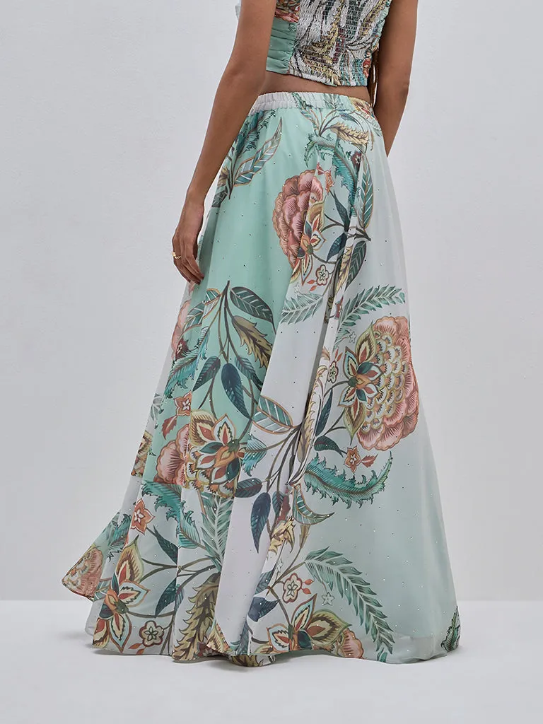 Vark Light Teal Botanical-Fit and Flare High-Rise Skirt