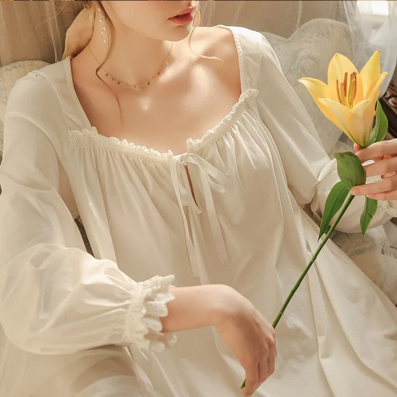 VenusFox White Nightgown Sleepwear Lady Spring Autumn Long Sleeve Nightdress Loose Women Princess Nightgowns Comfortable