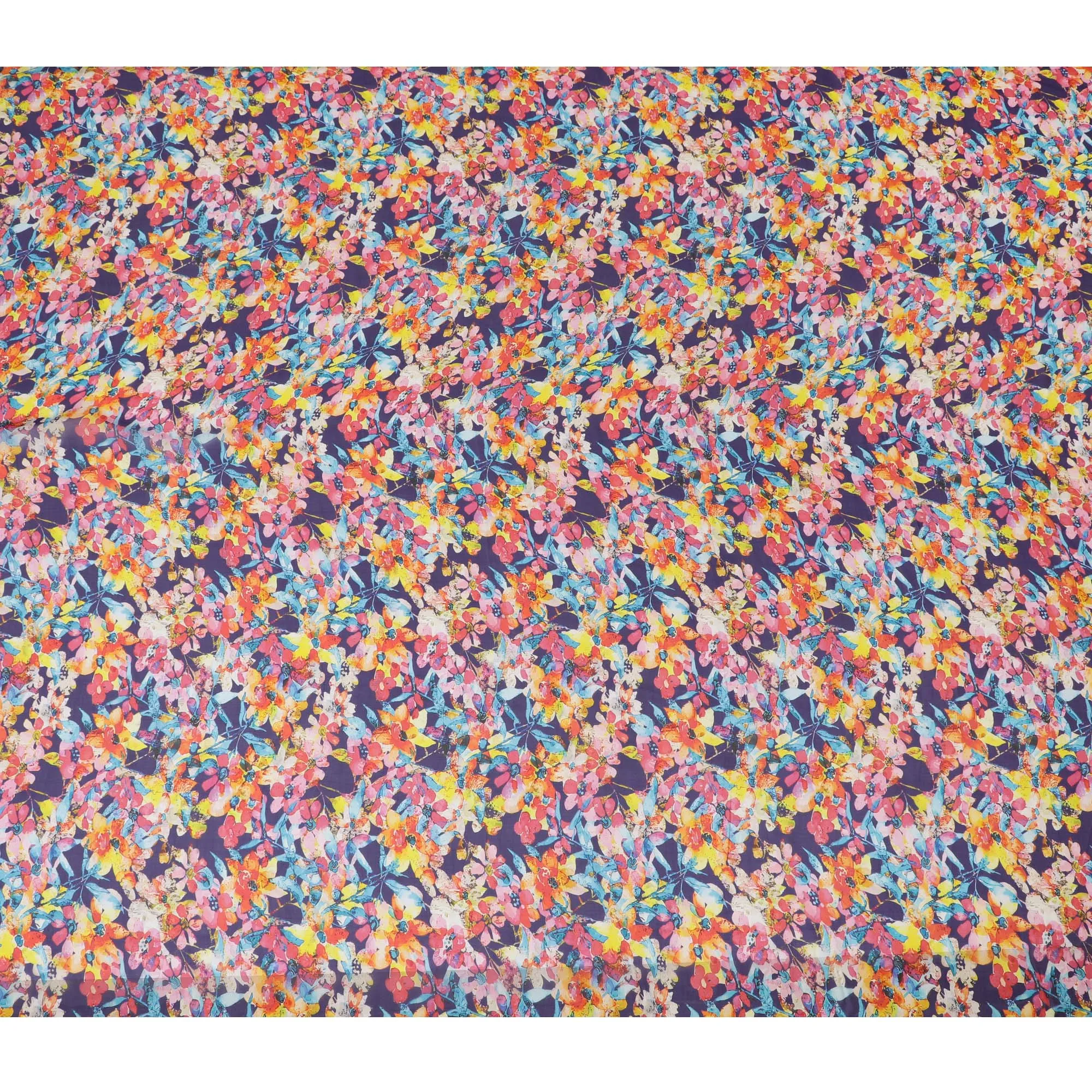 Vibrant Blue Synthetic Chiffon Fabric with Multicolor Floral Explosion Print, 140 cm Wide-D19110