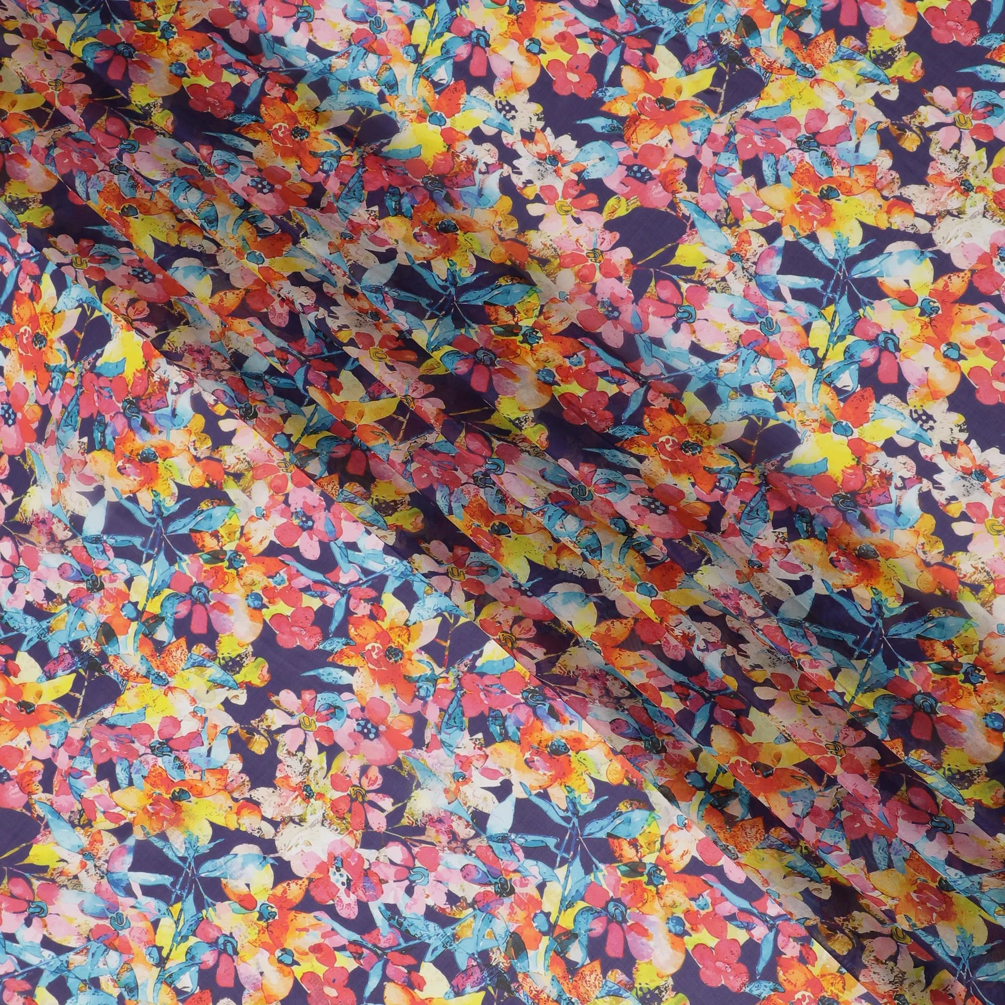 Vibrant Blue Synthetic Chiffon Fabric with Multicolor Floral Explosion Print, 140 cm Wide-D19110