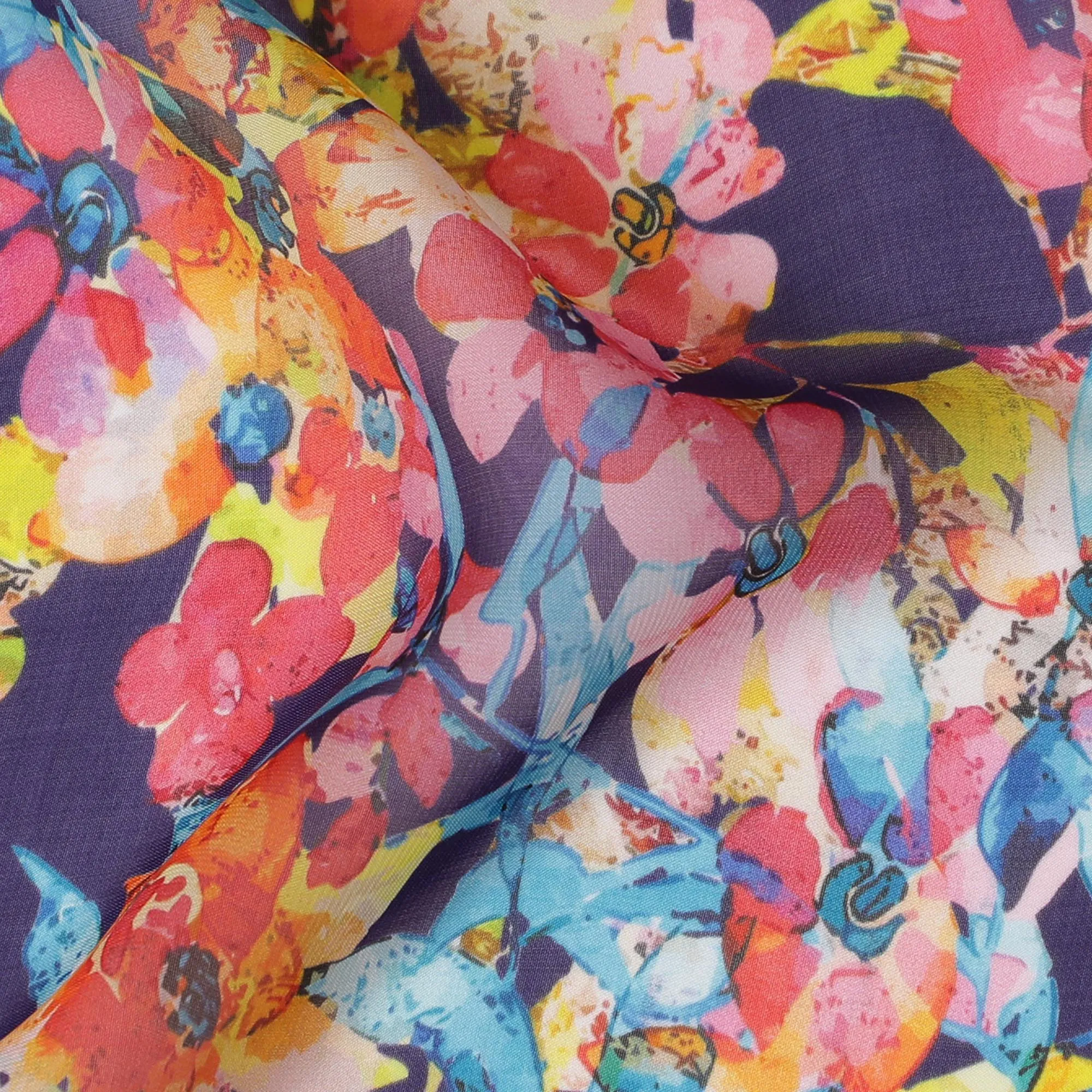 Vibrant Blue Synthetic Chiffon Fabric with Multicolor Floral Explosion Print, 140 cm Wide-D19110