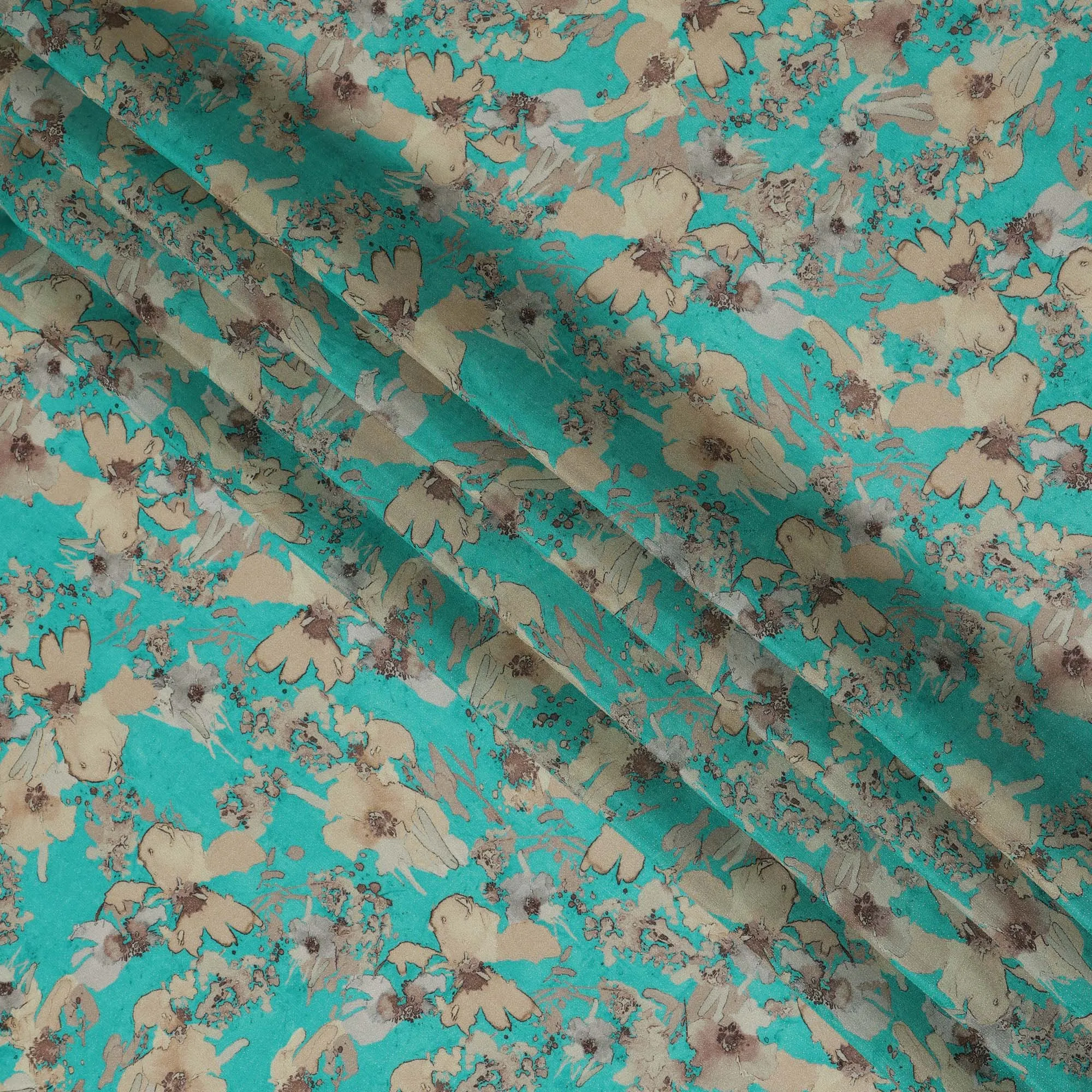 Viscose Crepe Fabric with Stone Work - Beige Floral on Turquoise, 110 cm Width-D20663