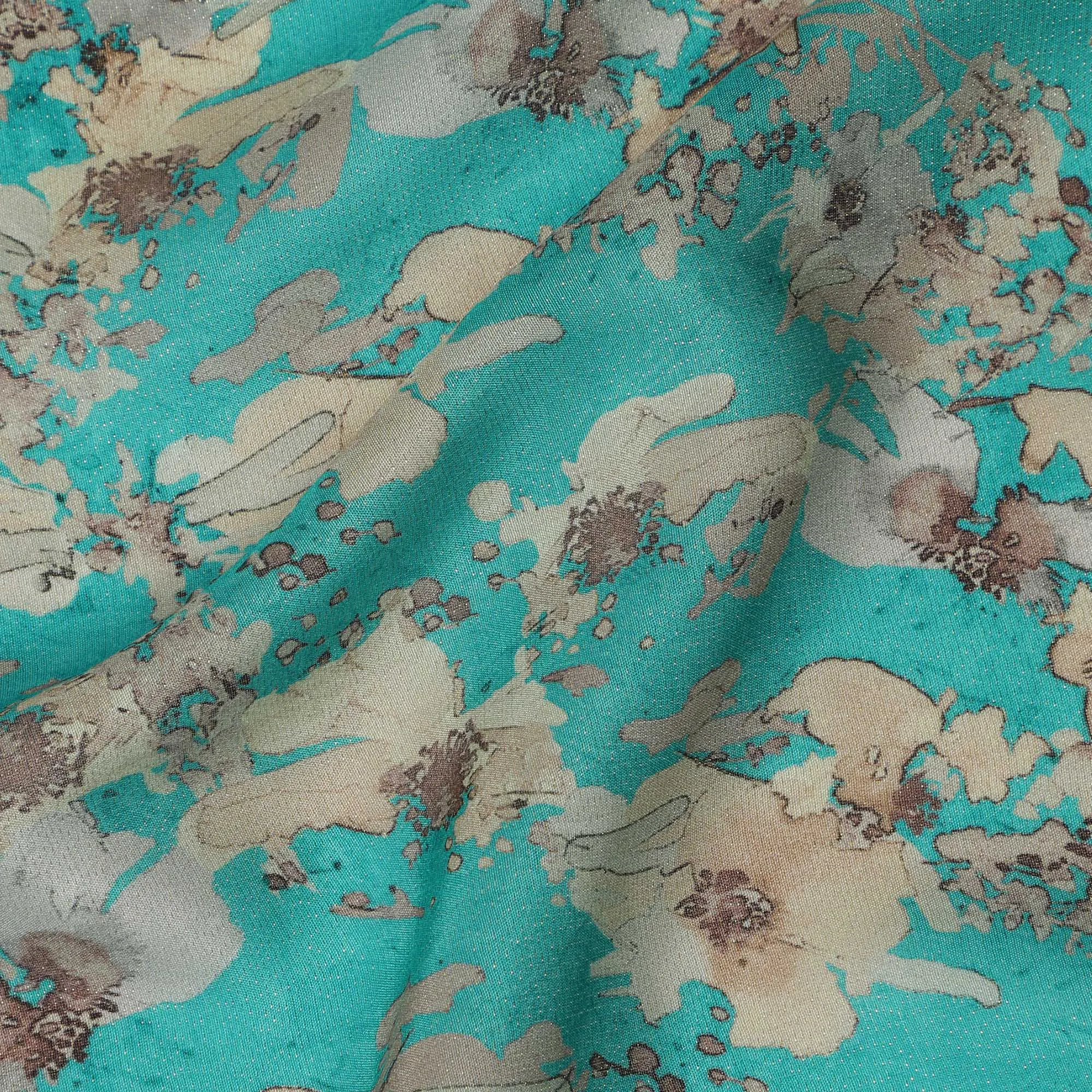 Viscose Crepe Fabric with Stone Work - Beige Floral on Turquoise, 110 cm Width-D20663