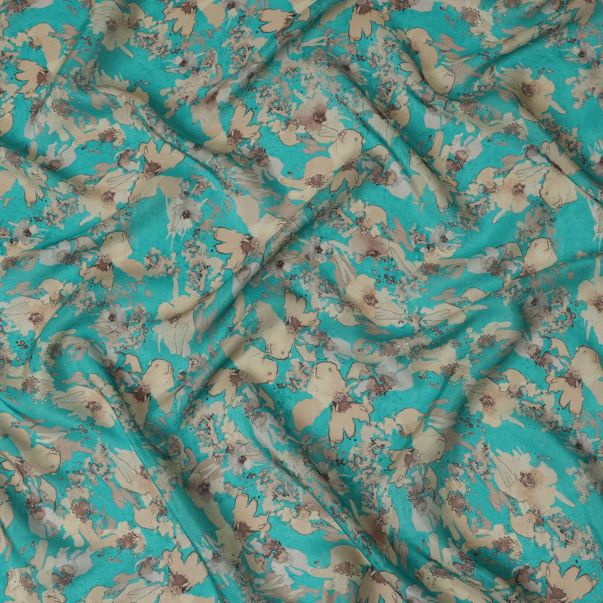 Viscose Crepe Fabric with Stone Work - Beige Floral on Turquoise, 110 cm Width-D20663