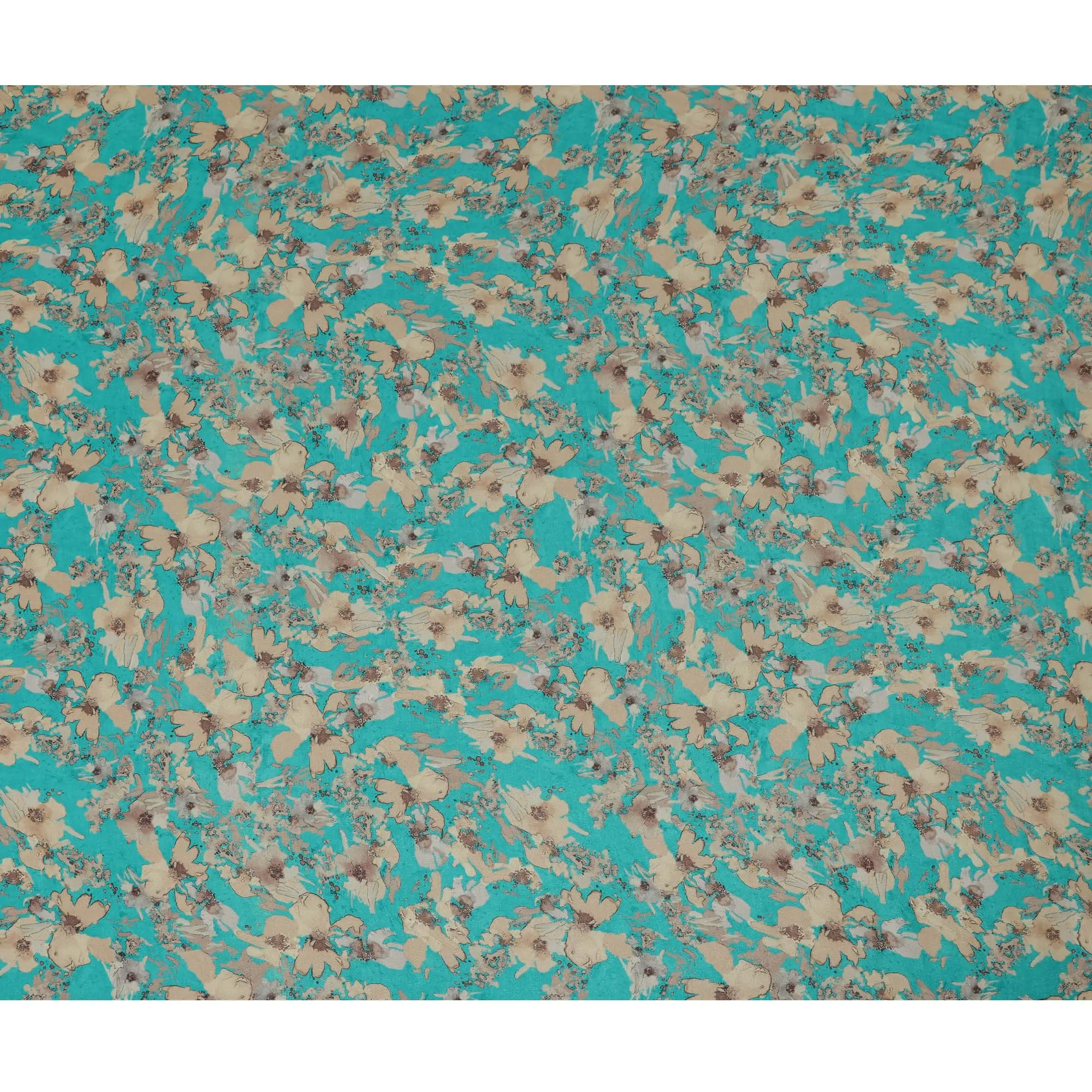 Viscose Crepe Fabric with Stone Work - Beige Floral on Turquoise, 110 cm Width-D20663