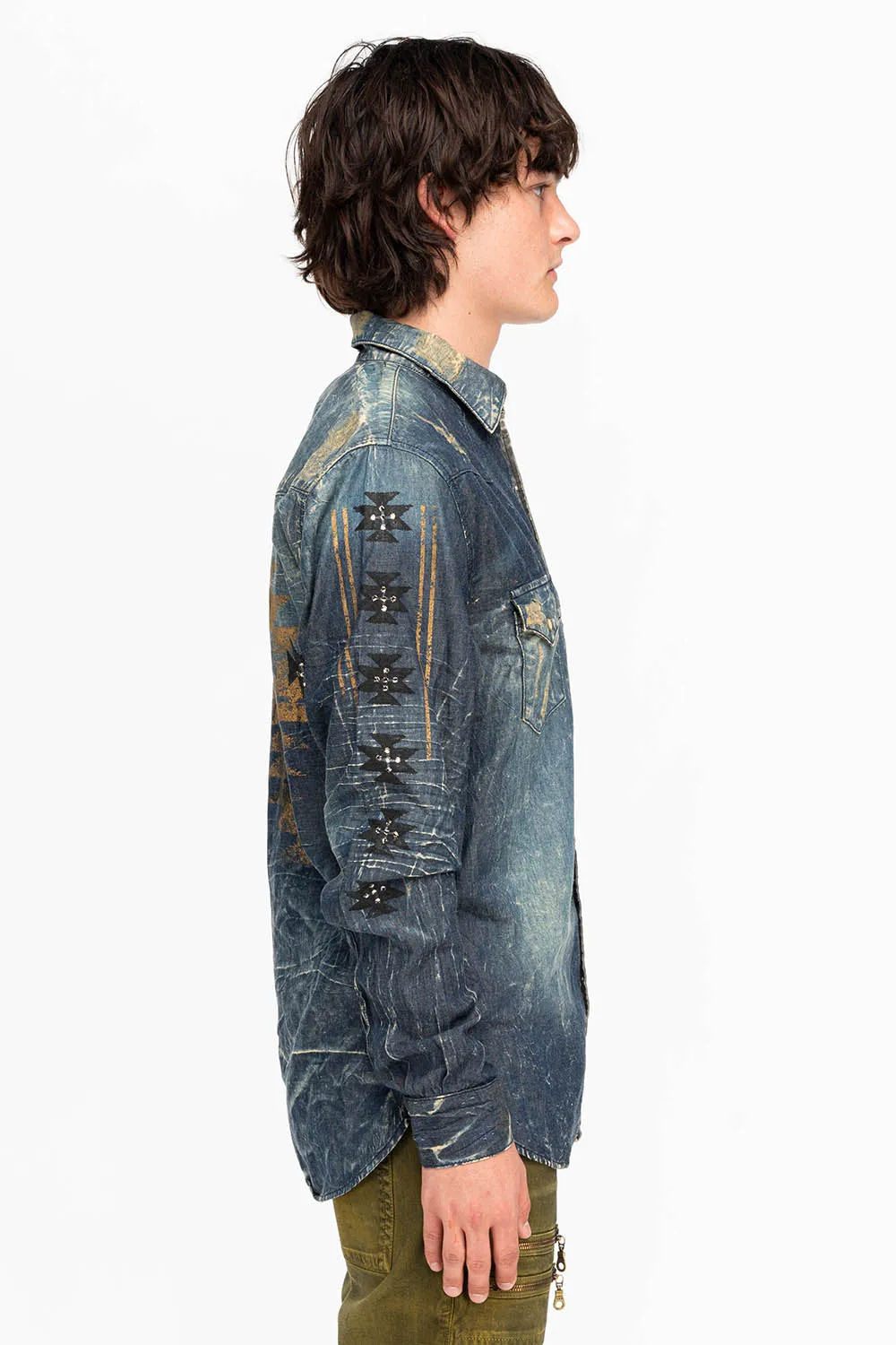 WESTERN STYLE MENS DENIM SHIRT WITH CRYSTALS