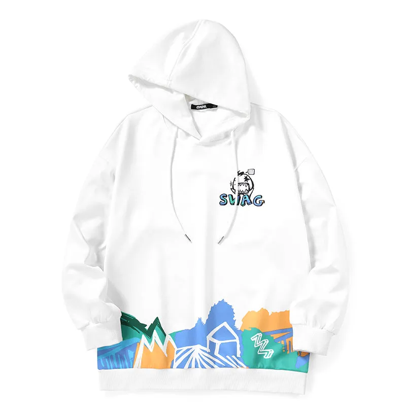 White Cartoon Print Pullover Hoodies