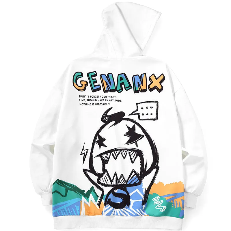 White Cartoon Print Pullover Hoodies