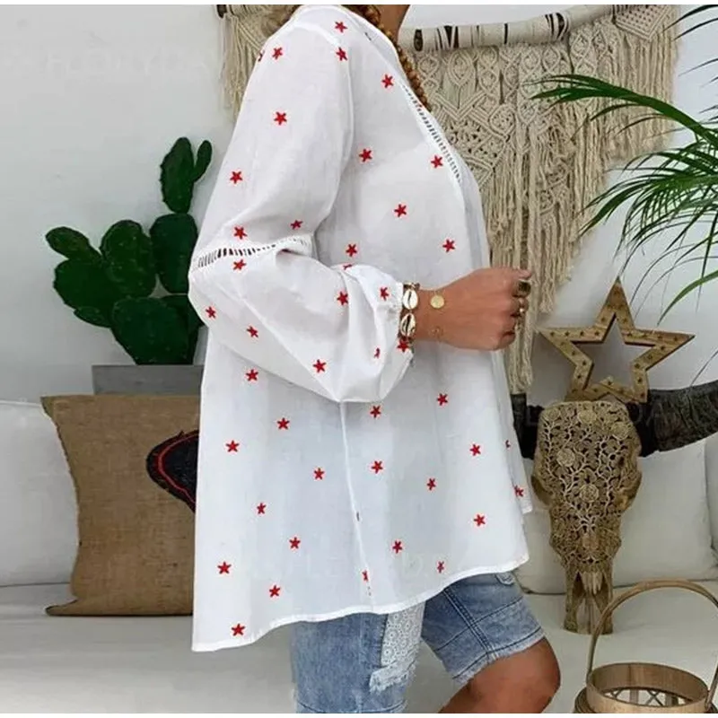 White Elegant Lantern Long Sleeve Womens Blouse Plus Size 4XL Boho Printed Clothes