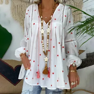 White Elegant Lantern Long Sleeve Womens Blouse Plus Size 4XL Boho Printed Clothes