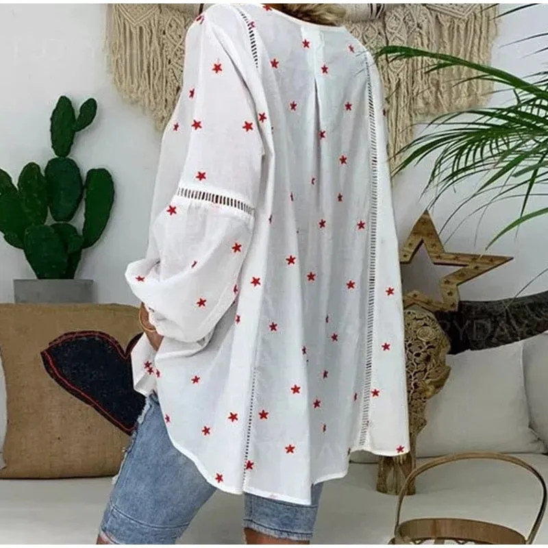 White Elegant Lantern Long Sleeve Womens Blouse Plus Size 4XL Boho Printed Clothes