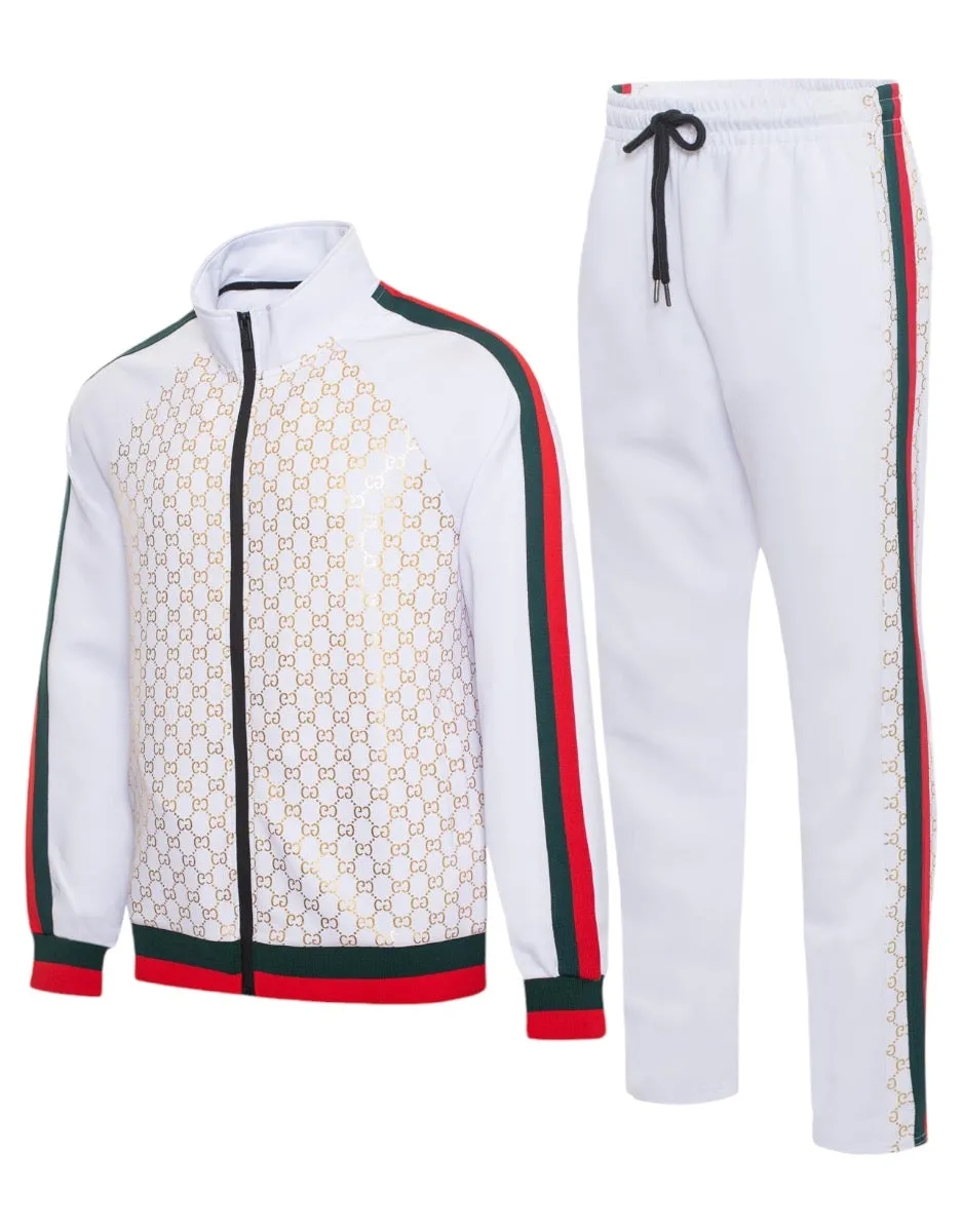 White Men's Jogging Set Tracksuit Gold Print Style Red and Green Strips Style No: MTK03