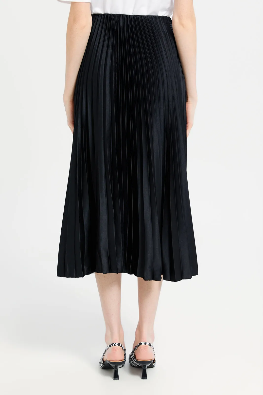 Women Black Satin Pleated Skirt