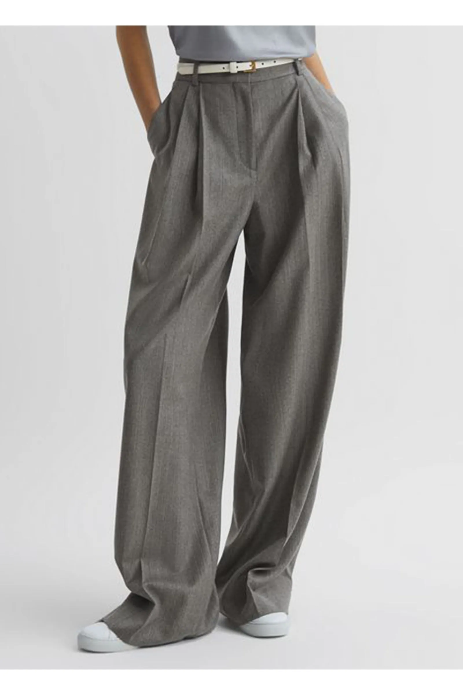 Wool Blend Pinstripe Wide Leg Trousers